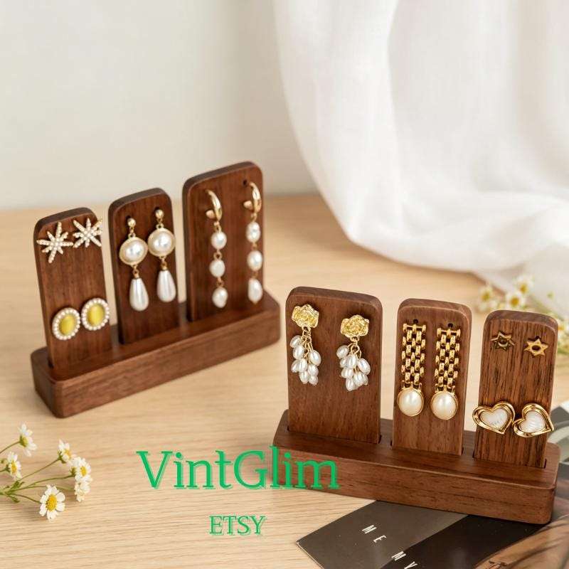 Walnut Wood Earring Display Stand, T-Bar Jewelry Holder for Retail