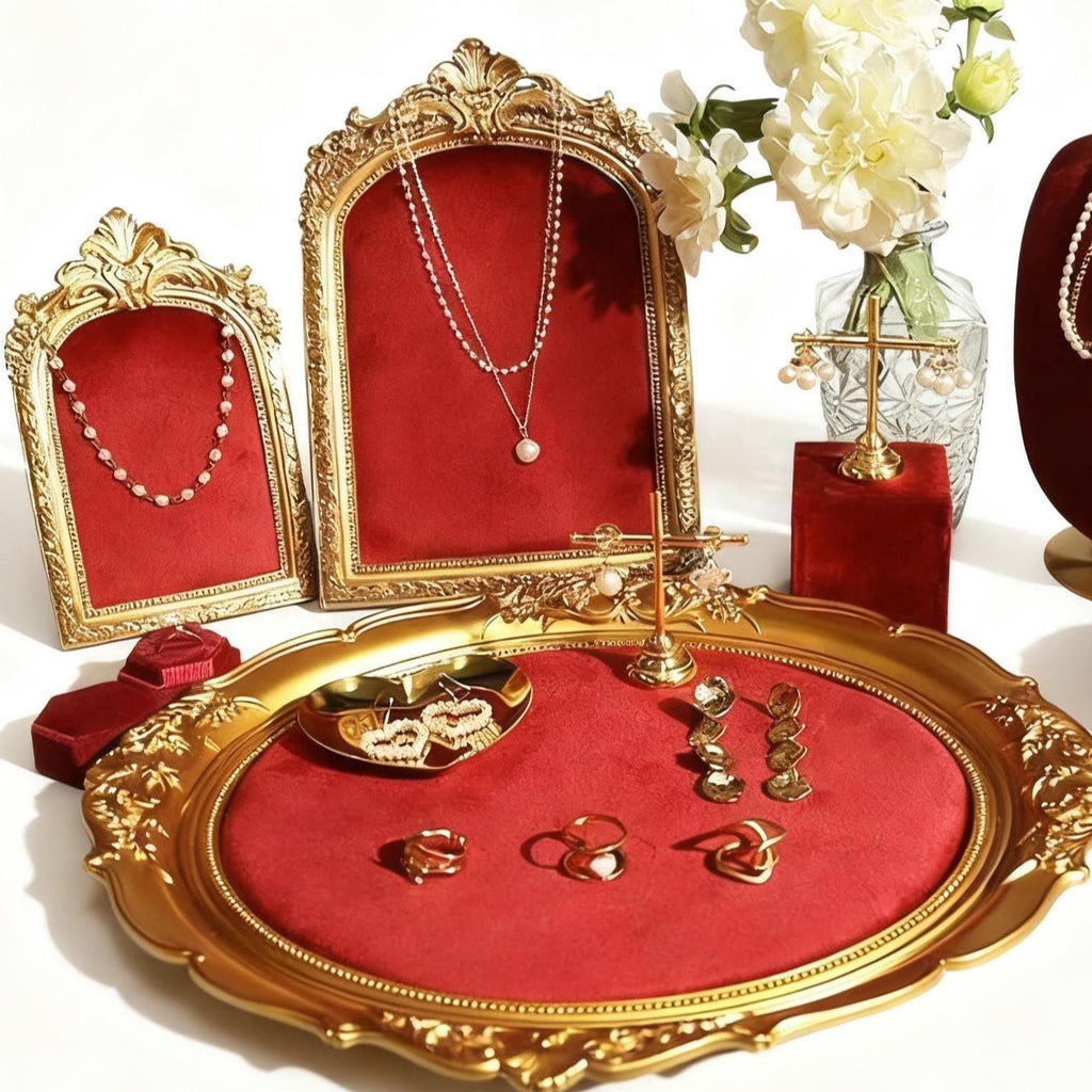 Baroque Red Velvet Jewelry Organizer Set: Gold Necklace & Ring Holder, Vanity Organizer
