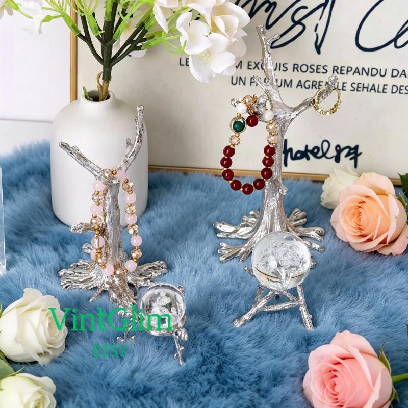 Silver Crystal Ball Display Stand, Metal Sphere Holder & Jewelry Organizer for Home Decor