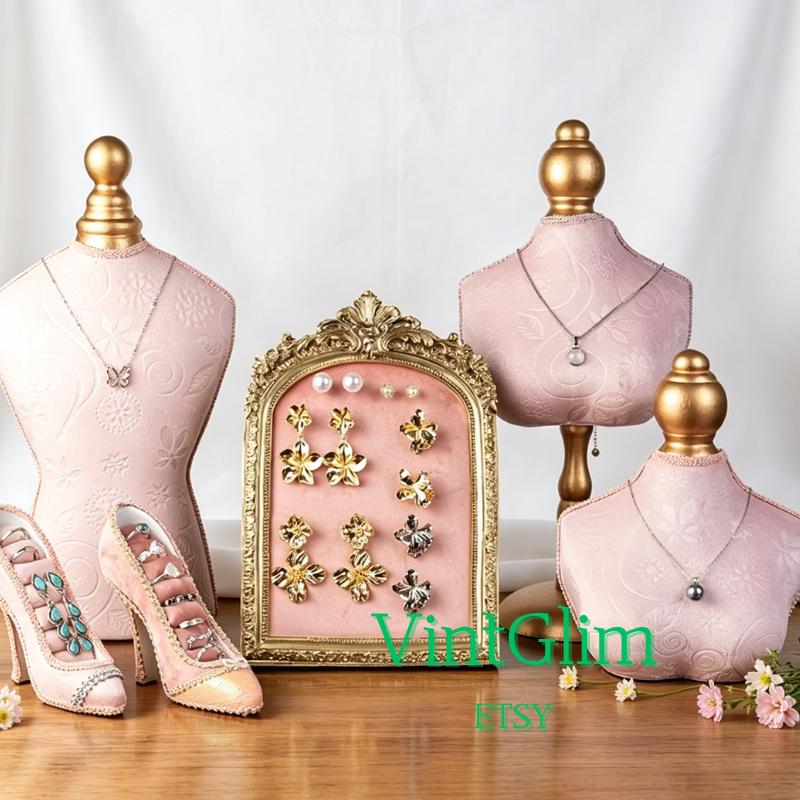 Pink Mannequin Bust Necklace Display Set, Velvet Jewelry Stand for Retail Jewelry Shop Business