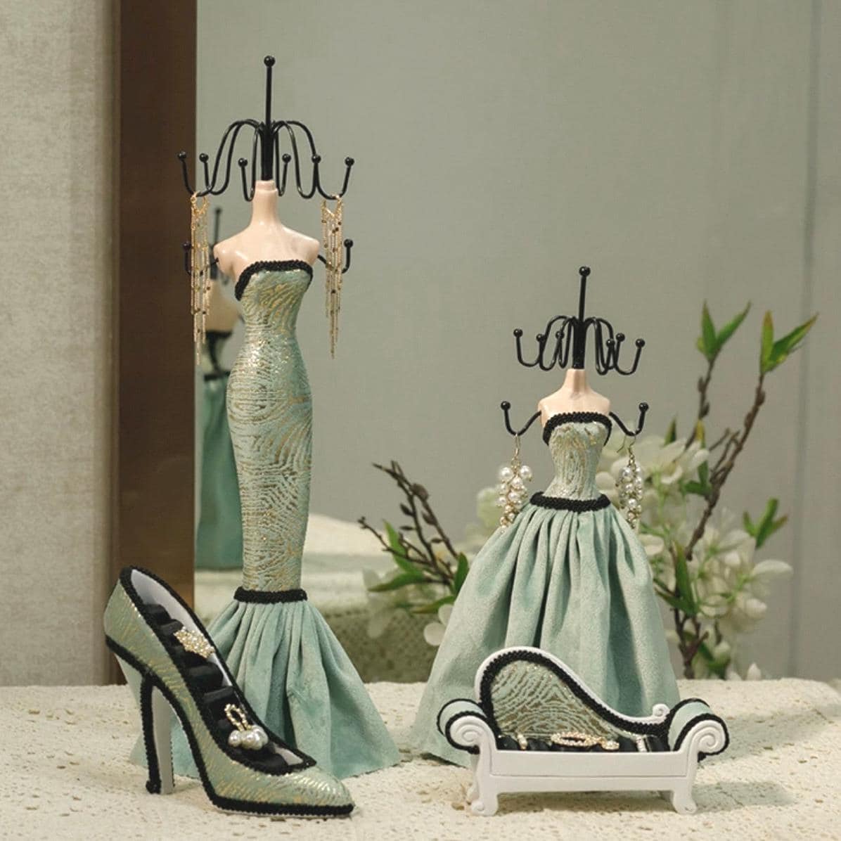 Teal Velvet Jewelry Holder Set: Mannequin, Ring Stand, Chaise Lounge
